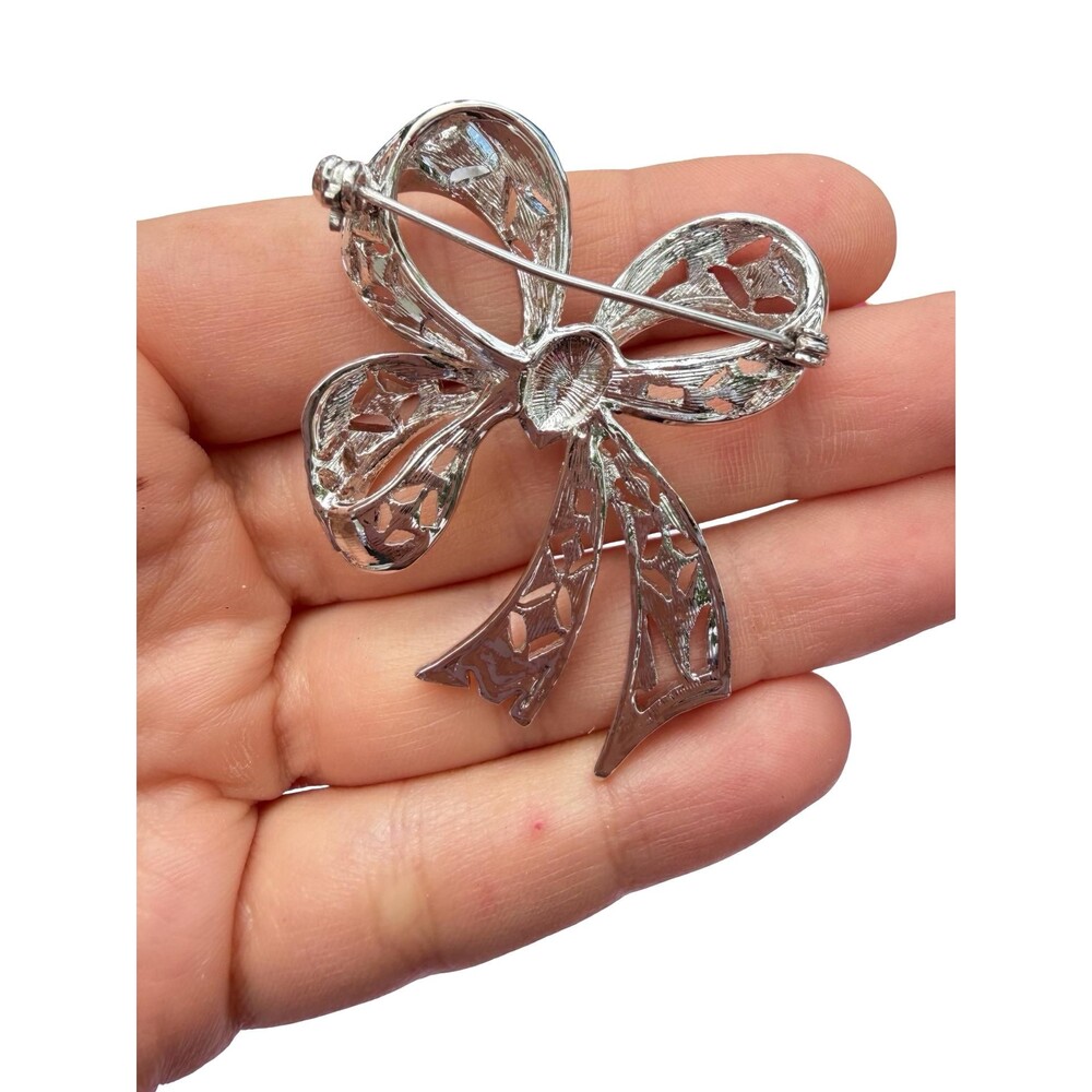Vintage Jewelry Silver Tone Ribbon Marcasite Bow Brooch Pin - Picture 2 of 2